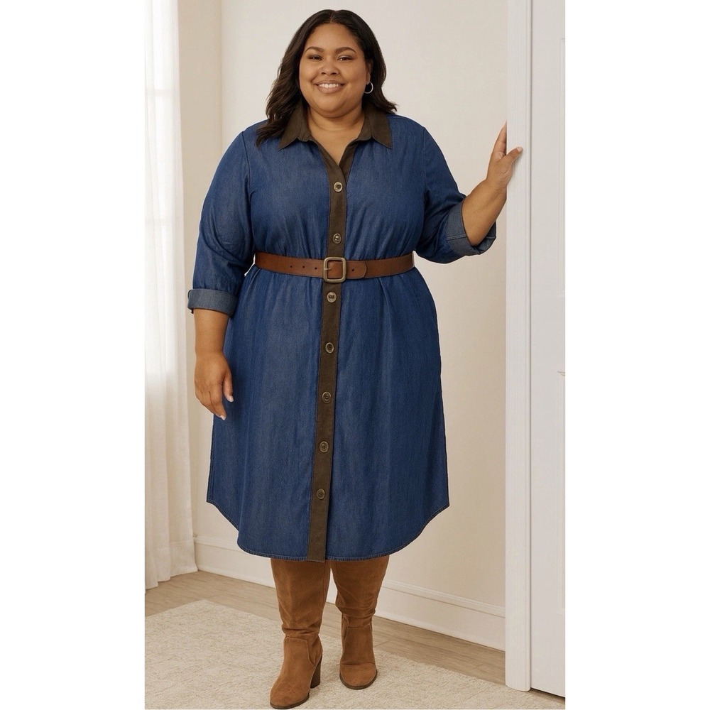 Soft Surroundings 1X Urbina Chambray Midi Dress Turn-Lock‎ Accents Faux Suede
